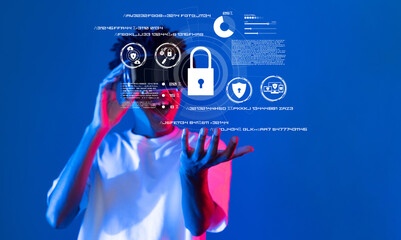 Explore the concept of digital security showcasing a virtual lock, privacy icons, and a user engaged with a technology interface to emphasize online safety and data protection. XDMCP
