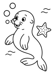 Obraz premium Cute Seal in the Ocean: An adorable, cartoon-style seal with big eyes floats in the water with bubbles and starfish. A whimsical illustration that captures the charm of marine life. 