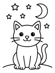 Cute Cat Under the Stars: A charming illustration depicts a sweet cat gazing at the night sky. With a crescent moon and twinkling stars. a scene of peace and serenity.