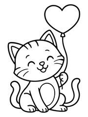 Fototapeta premium Smiling Kitty's Heartfelt Gift: A joyful kitten with a heartwarming grin gently clutches a floating heart-shaped balloon, symbolizing love and affection.