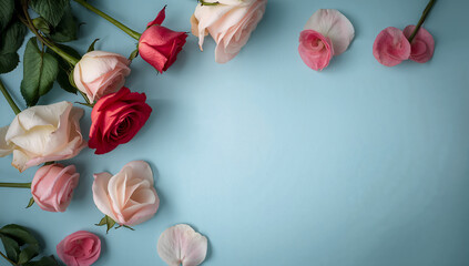 俯瞰で見せる青背景のバラ花背景 明るく清楚な印象のフラワー素材.生成AI