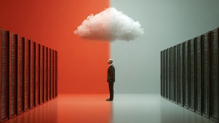Conceptual image of a businessman and cloud computing representing data storage concepts