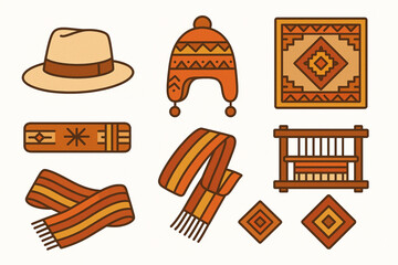 Ecuadorian Hats and Textiles Icon Set with Panama Hat, Andean Wool Hat, Poncho, Belt, Sash, Loom and Embroidery in Vector