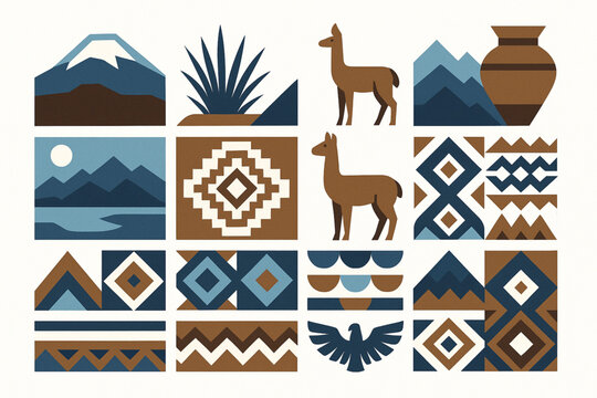 Ecuador Andean Highlands Icon with Chimborazo, P&aacute;ramo Grass, Vicu&ntilde;a, Alpaca, Mountain Lake, Textile Motif, Clay Pot and Condor