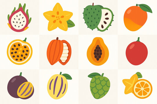 Ecuador Tropical Fruit Icon with Pitahaya, Babaco, Guan&aacute;bana, Mango, Maracuy&aacute;, Cacao, Papaya, Tamarillo and Chirimoya