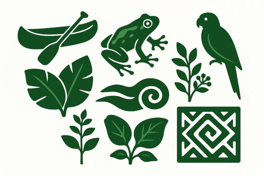 Ecuadorian Amazon Icon Set with Canoe, Poison Frog, Jungle Leaves, Parrot, River, Medicinal Plant and Tribal Pattern in Vector
