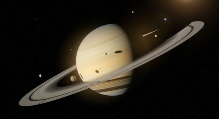 Illustrative representation of the ringed planet saturn in space with its moons and stars
