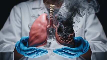 A doctor holding a healthy lung and a damaged lung with smoke, symbolizing the impact of smoking on lung health