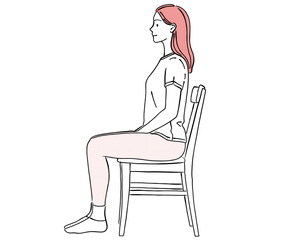 椅子に座り正しい姿勢を保つ女性の線画イラスト｜デスクワーク・姿勢改善