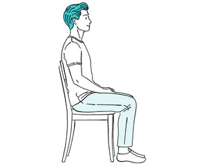 椅子に座り正しい姿勢を保つ男性の線画イラスト｜デスクワーク・座位・姿勢改善