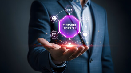 Businessman holding digital hologram badge emphasizing customer experience excellence and service satisfaction