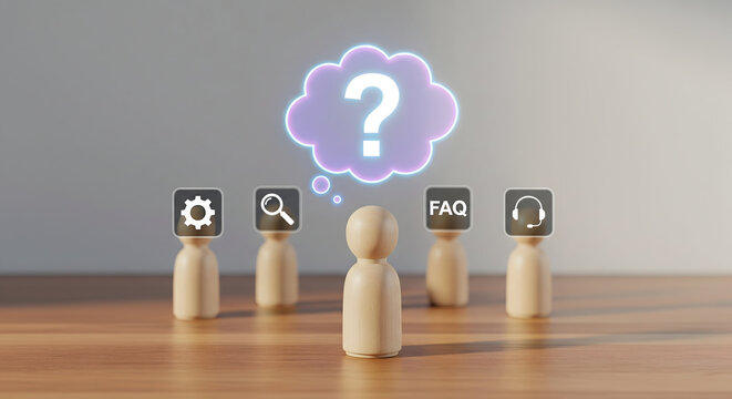 Wooden figures with service icons and question mark bubble representing customer support and frequently asked questions