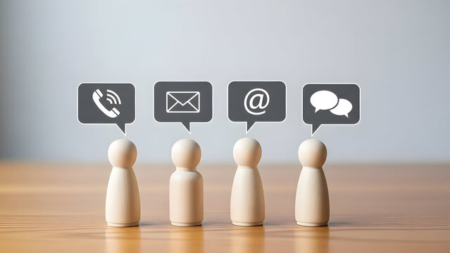 Wooden figures with gray contact icons in speech bubbles symbolizing communication and support options