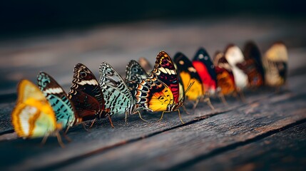 A Line of Colorful Butterflies on a Wooden Surface.