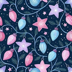 Seamless pattern of pink and blue Christmas lights and stars on dark background