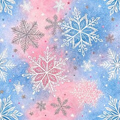 Watercolor wash background featuring various white and outlined snowflakes against pink and blue