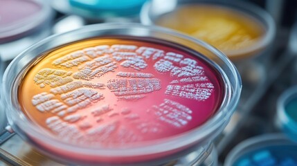 Close up of petri dishes with bacterial cultures for scientific research