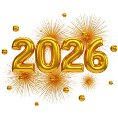 A gold 3d 2026 illustration symbol with fireworks and stars celebrates a happy new year eve party night