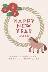 2026年年賀状テンプレート/可愛らしい馬と椿のデザイン・縦