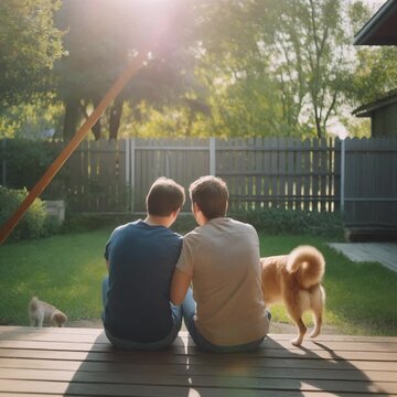 Couple Watching Their New Dog Explore Backyard. Pet Adoption Day Stories. A heterogeneous couple smiling at each other as their newly adopted dog explores their fenced backyard for the first time.
