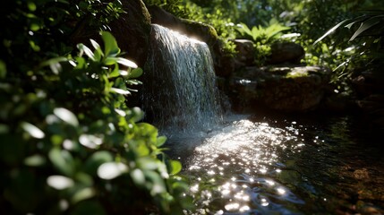Obraz premium Small waterfall flowing over rocks in a lush green forest during sunny weather