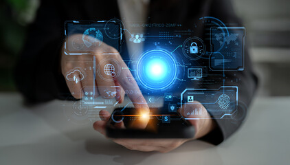 A futuristic command center interface for managing a global technology platform. The dashboard includes data security, network administration, and biometric user authentication. Fermion