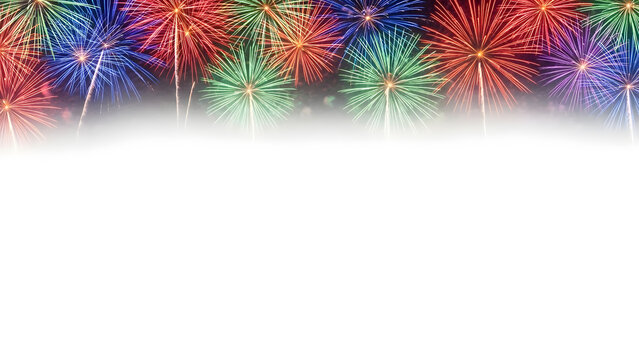 Colorful fireworks border over white background with festive celebration theme