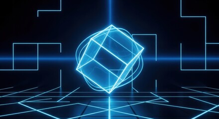 Illuminated cube hovers above a patterned glowing grid in a dark futuristic space
