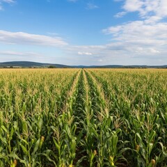 Expansive cornfield under a bright sky showcasing agricultural vastness and growth potential