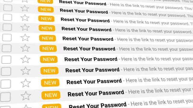 Reset Your Password emails flood an animated inbox, highlighting potential cybersecurity risks. Visualizes cybersecurity threats, phishing, spam, data breaches, or forgotten login issues.