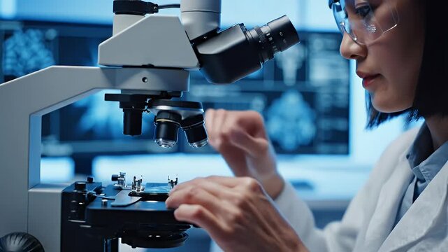 Focused Female Scientist Adjusting Microscope Slide in Blue Laboratory analyzing Medical Research Sample