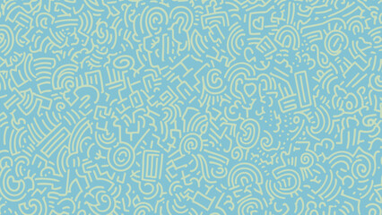Fototapeta premium Abstract doodle pattern with swirls, lines, and shapes on a light blue background.