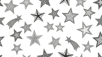 Seamless pattern of hand-drawn stars, shooting stars, and celestial elements on a white background. © Muflif