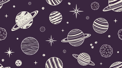 A whimsical, hand-drawn pattern featuring planets, stars, and celestial bodies on a deep purple background. © Muflif