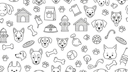 Fototapeta premium Black and white seamless pattern with various dog-related icons and elements.