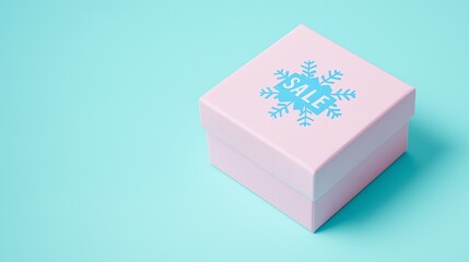 Pastel pink gift box with blue SALE label like snowflake, winter shopping promotion concept