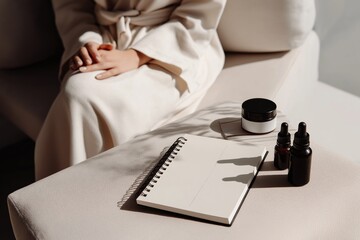 Obraz premium Beauty therapist sitting in minimalist clinic consultation