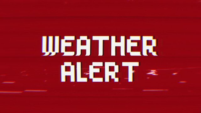 Weather Alert message with a retro glitch effect. Ideal for broadcast warnings, emergency notifications, or vintage tech-themed projects.