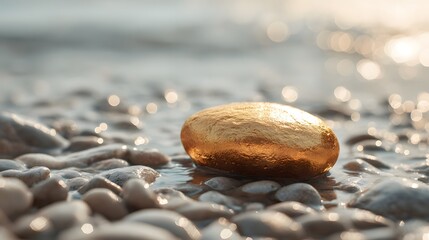Close up of a smooth amber colored stone on a pebble beach with gentle waves.