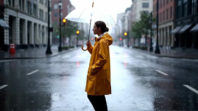 Woman in Yellow Raincoat with Umbrella Standing Alone on a Wet City Street