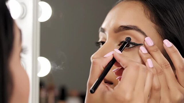 A beautiful young woman meticulously applies black liquid eyeliner to her upper eyelid, creating a sharp winged look while looking into a brightly lit vanity mirror, focusing on her intricate beauty .