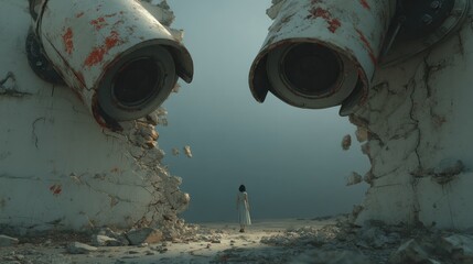 Surreal image of a woman standing between large industrial structures and a bleak landscape