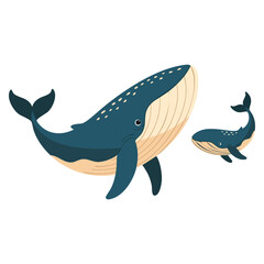 Fototapeta premium Big whale with baby whale vector flat illustration isolated on white ideal for cute marine life artwork and ocean themed character designs