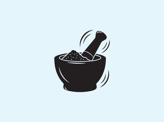 Black Mortar and Pestle Silhouette Showing Spice Grinding Action
