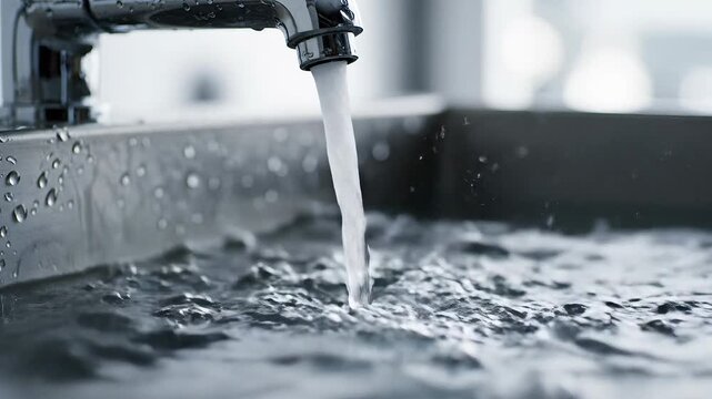 A close-up shot captures crystal clear water vigorously flowing from a modern chrome kitchen faucet, creating dynamic splashes and ripples as it fills a gleaming stainless steel sink, symbolizing fre.