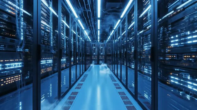 A captivating long shot of a modern data center aisle, showcasing rows of server racks illuminated with vibrant blue lights, symbolizing advanced technology, global connectivity, and the vast infrast.