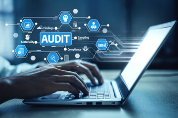 A professional setting showing hands typing on a laptop, surrounded by various audit icons, representing compliance, data analysis, and business review concepts. Tessel
