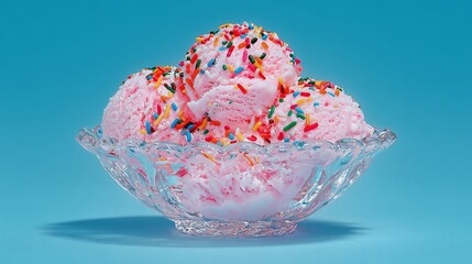 Delicious pink ice cream scoops in a crystal bowl with vibrant sprinkles against blue