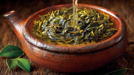 Delicious spinach dish served in a traditional clay bowl, garnished with fresh leaves, rustic appeal