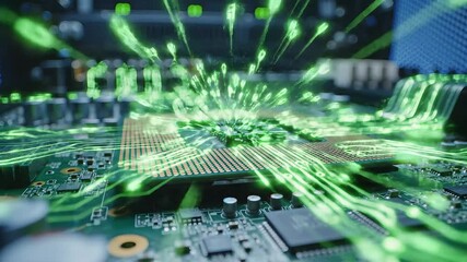 A close-up view of a sophisticated computer circuit board with vibrant green light trails illustrating rapid data transmission and digital information flow across intricate electronic pathways, symbo. - Powered by Adobe